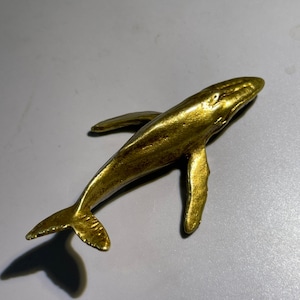 Solid Brass Small Whale Ornament, Full Bronze Marine Mammal Statue, Mini Sperm Whale, Handle Animal Miniature Sculpture