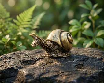 May include: A small, metallic brass-colored snail figurine with a textured, bumpy surface on its head and neck, and a smooth, spiraled shell. The snail is depicted in a crawling position, showcasing a detailed, realistic form with a golden-brown finish.