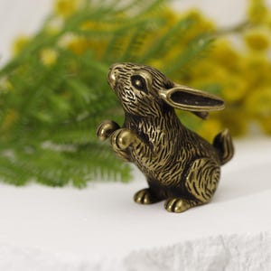 Puede incluir: Una figura de conejo de color bronce en posici&oacute;n de pie. El conejito tiene una textura de pelaje detallada y se encuentra sobre un fondo de follaje verde y amarillo. La figura mide aproximadamente 5 cm de altura.