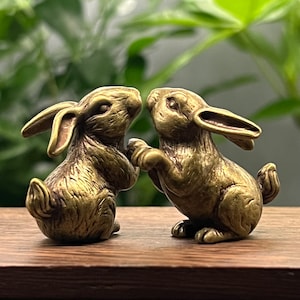 Two Cute mini Rabbits Figure, Home Decor, Kissing Brass Rabbit Statue