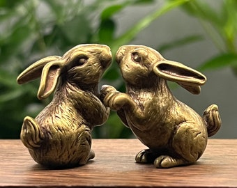 Two Cute mini Rabbits Figure, Home Decor, Kissing Brass Rabbit Statue