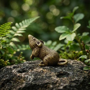 Peut inclure: Une petite figurine de souris en métal de couleur bronze avec une surface texturée, représentée en position assise avec la tête inclinée vers le haut. La souris présente des oreilles visibles, une longue queue et des détails de fourrure.