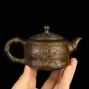 Chinese antique pure copper bamboo teapot, all copper kettle, copper teapot ornaments