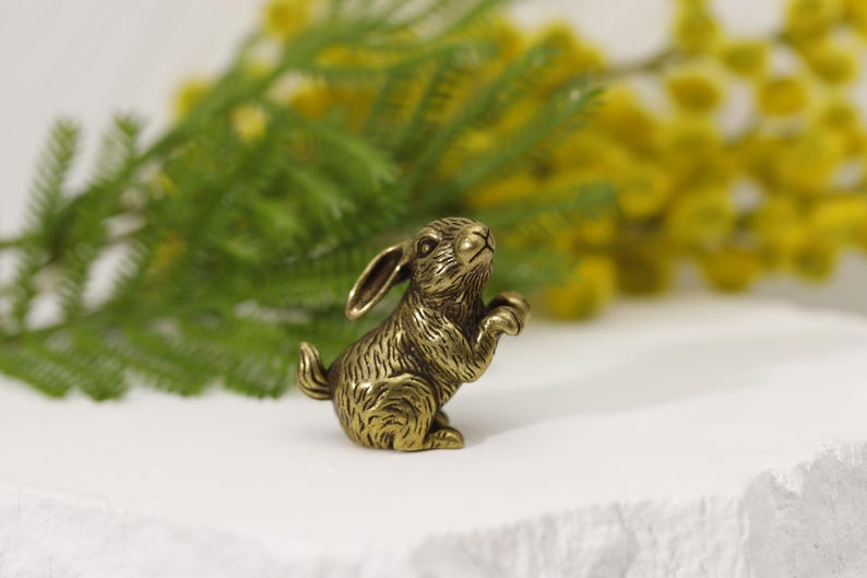 Puede incluir: Peque&ntilde;a figura de conejo de lat&oacute;n detallada con las patas delanteras levantadas. El conejo tiene orejas largas y una superficie texturizada. El fondo presenta follaje verde y flores amarillas, sobre una superficie blanca.