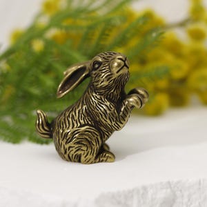 Puede incluir: Una figura de conejo de color bronce en posici&oacute;n sentada, con las patas delanteras levantadas. El conejo tiene una textura de pelaje detallada y orejas largas. El fondo presenta follaje verde y flores amarillas.