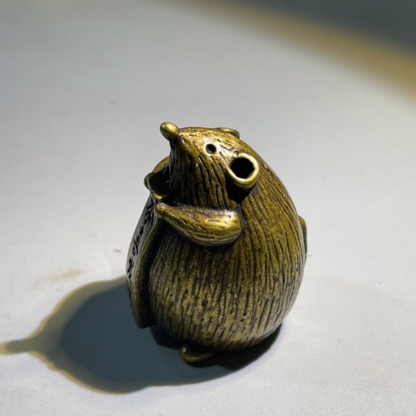 Brass Wealth Rat Figurine Holding Prosperity Banner, Miniature Feng Shui Desk Mascot & Tea Pet