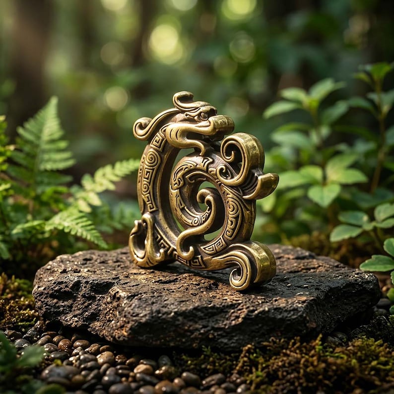 Puede incluir: Una escultura de metal en tono lat&oacute;n que presenta un dise&ntilde;o de drag&oacute;n estilizado y enroscado con intrincados patrones de remolinos y grabados geom&eacute;tricos. El objeto tiene un acabado pulido y una forma circular calada con bordes curvos.