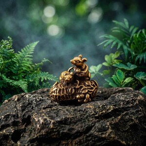 Peut inclure: Une petite figurine en laiton représentant deux souris perchées sur une coque d'arachide texturée. Le métal présente une patine brun doré chaude avec des sculptures détaillées montrant les traits du visage et le corps des souris.