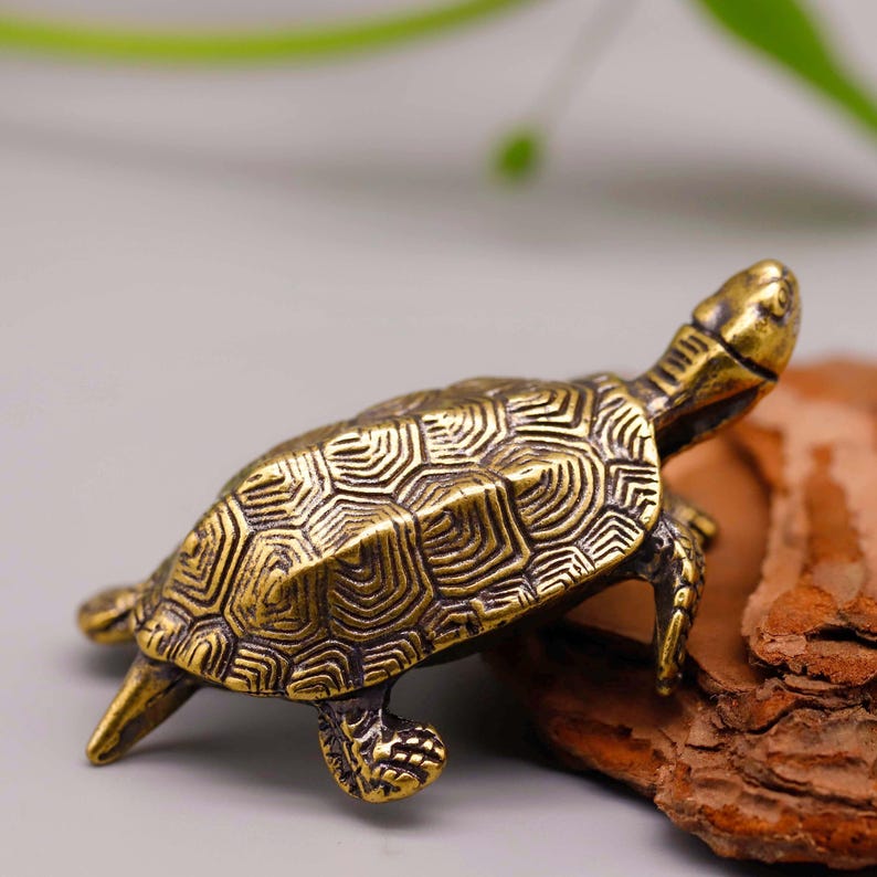 May include: A small, detailed brass turtle figurine. The turtle has a textured shell with a geometric pattern and visible legs, head, and tail. The figurine is a warm, antique gold color.