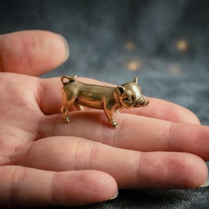 Lucky Brass Pig Figurine – Miniature Good Luck Charm, Handmade Desk Decor