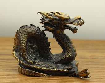 Brass Zodiac Dragon Ornament, Retro Desk Decor, Pen Holder Paperweight