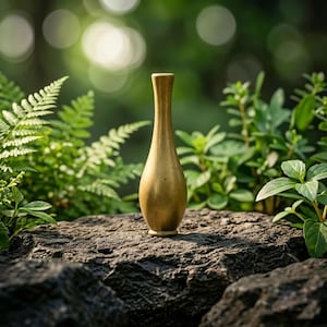 May include: A small, slender, metallic gold-toned vase with a narrow neck and a rounded, bulbous base. The vase features a smooth, solid surface and stands upright with a flat bottom, showcasing a simple, elongated silhouette and a polished finish.
