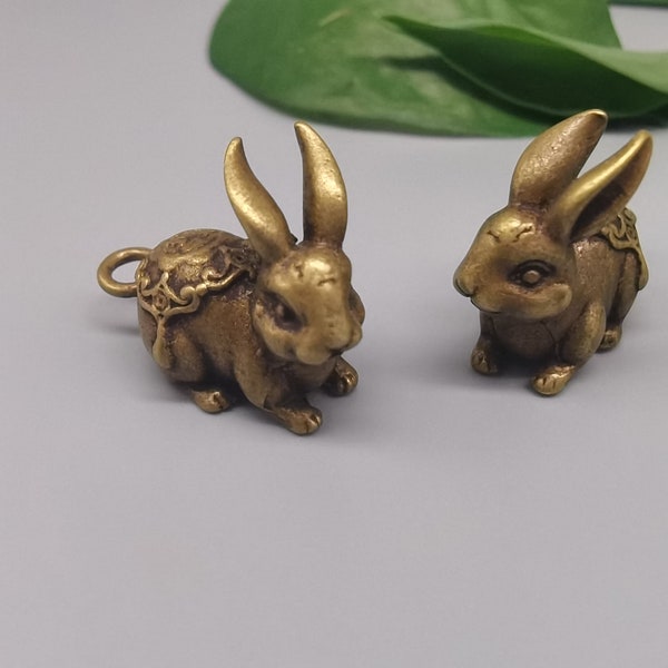 Two pieces, brass Nafu rabbit, creative transfer pendant, retro zodiac rabbit, car key pendant