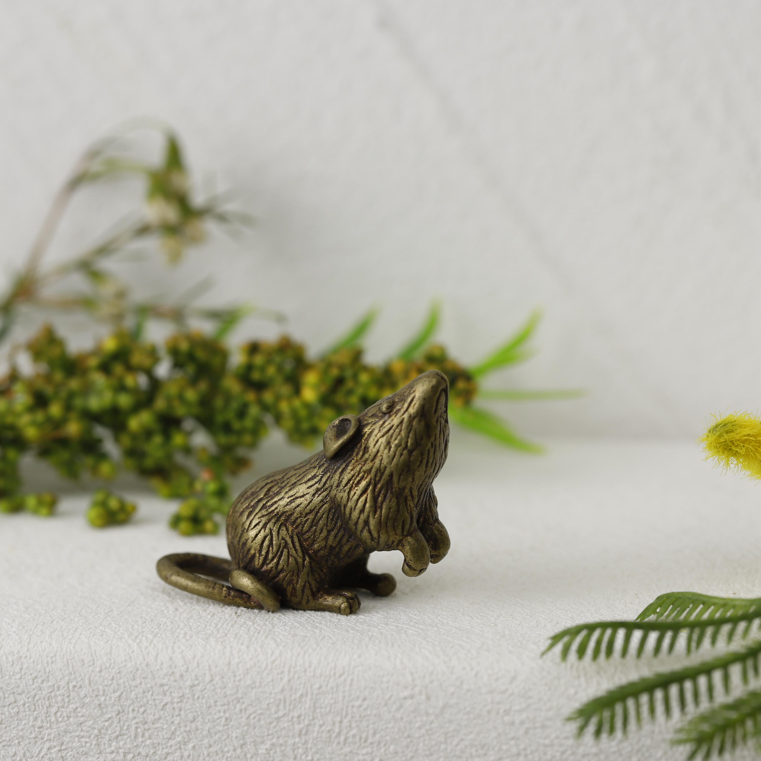 Mini Brass Mouse Figurine – Vintage Rat Sculpture, Handmade Lucky Decor, Feng Shui Gift, Antique Animal Collectible