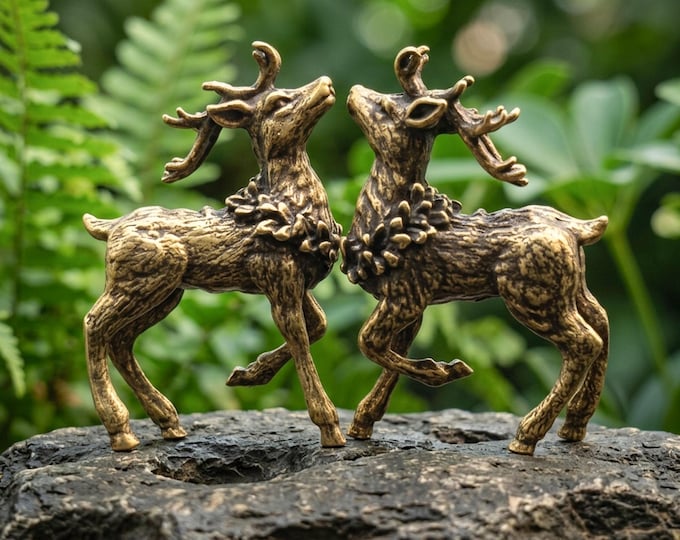 Two brass sika deer statues, creative brass ornaments on the desktop, small bronze elk