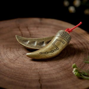 Vintage Brass Wolf Tooth Figurine, Engraved Constellation Pocket Charm