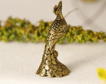 Hand-Carved Brass Phoenix Statue｜Mini Rebirth Guardian｜Vintage Layered Feather Desk Decor｜Collectible Auspicious Gift