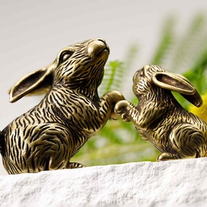 Puede incluir: Dos figuras de conejos de bronce, una mirando hacia arriba y la otra extendiendo la mano. Los conejos tienen pelaje texturizado y est&aacute;n colocados sobre una superficie blanca, con un fondo verde y amarillo borroso.