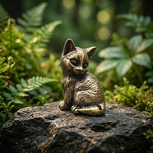Op de afbeelding: Een klein, messingkleurig metalen kattenbeeldje in zittende houding. Het beeldhouwwerk is voorzien van gedetailleerde, geëtste vachtstructuren over het hele lichaam, puntige oren en een glad, rond gezicht met gesloten ogen.