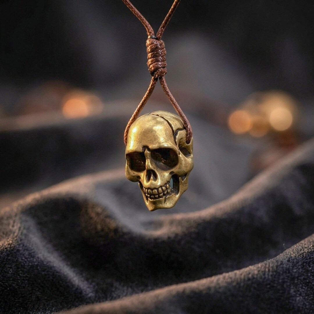 Vintage Brass Skull Pendant Necklace, Wax Cord Amulet, Gift for