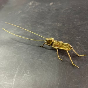 Puede incluir: Una escultura de saltamontes de metal de color dorado con antenas largas y delgadas. La escultura está detallada con marcas intrincadas en sus alas y cuerpo.