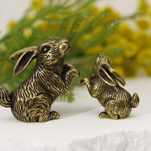 Puede incluir: Dos figuras de conejo de bronce. Un conejo est&aacute; erguido, el otro en una pose similar. Los conejos tienen una textura de pelaje detallada y est&aacute;n colocados sobre un fondo de flores amarillas y follaje verde. Las figuras est&aacute;n sobre una superficie blanca.
