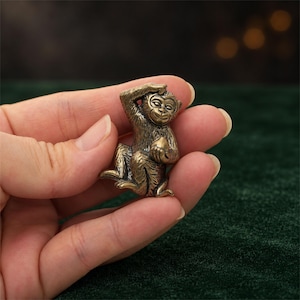 Brass Monkey Holding Peach Figurine, Vintage Lucky Statue, Cute Desk Decor