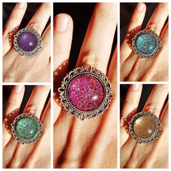 Bague paillettes, bagues paillettes, bagues pailletées, bagues cabochon paillettes, bague brillante,bague fete, bague noel, cadeau noel