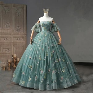 Off Shoulder Light Green Tulle Ball Gown/ Layered Applique Floral Dress ...