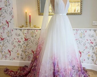 V neck Chiffon A Line Garden Floral Print Wedding Dress/ Open Back  Pleats Wedding Gowns for Bridal