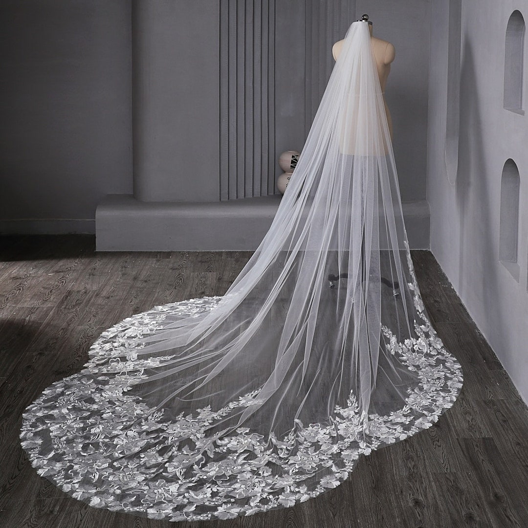 NewYorkCityBride Lace Wedding Veil F-096, 118 Inches Bridal Veil, Tulle Cathedral Length, Veil with Comb, One Tier Veil, Bundle Veil