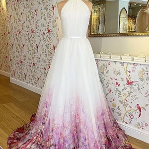 Halter Neck Chiffon A Line Garden Floral Print Wedding Dress/ Open Back ...