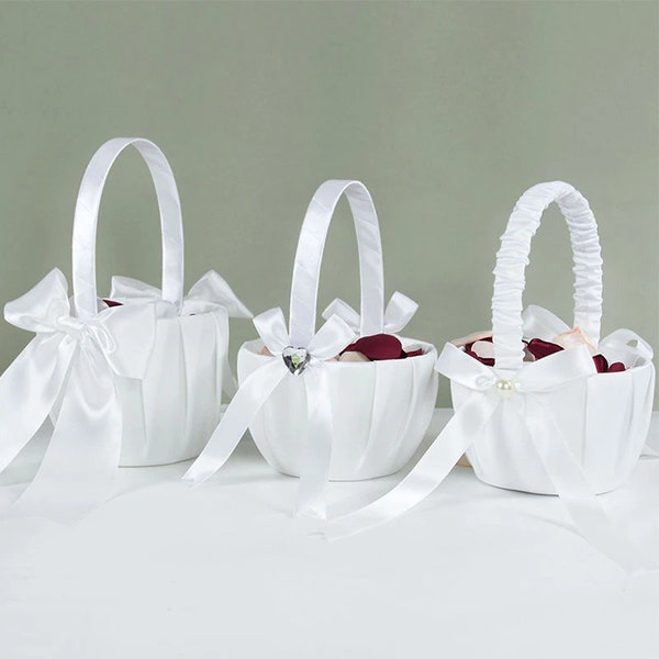 Panier de fleurs de mariage, boîte de rangement pétales de perles en satin blanc, panier de demoiselle d'honneur, panier de fleurs blanches, décoration de fête de mariage