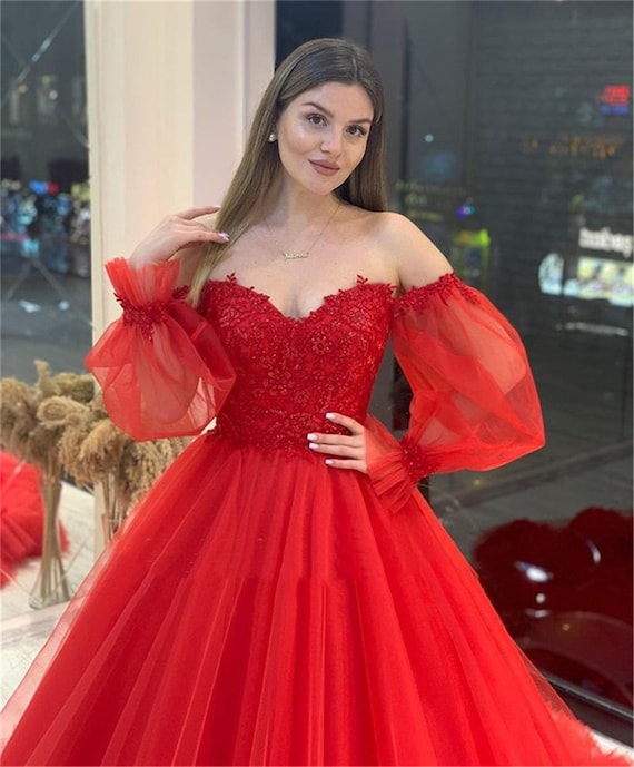 Luxury Long Tail Prom Dress Lace Embroidery Prom Gown Puffy