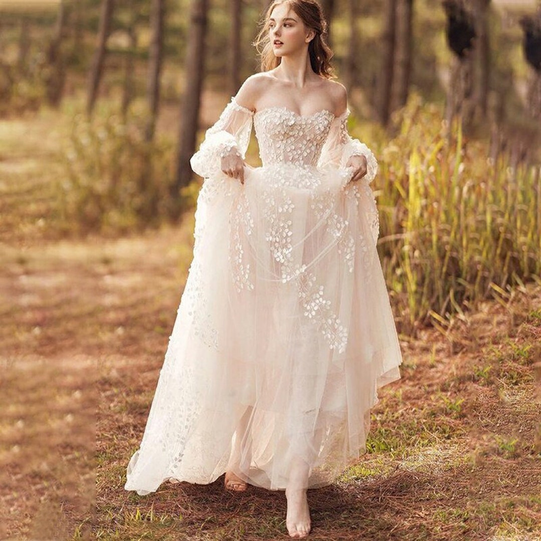 Aline Long Puff Sleeve Wedding Dress/ Tulle Women Sweetheart Lacing up