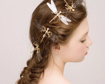 1PC Golden Dragonfly Hairpins, Transparent Wings Hairclips ,Hairgrips Bridal Headdress, Wedding Headwear, Hair Accessories