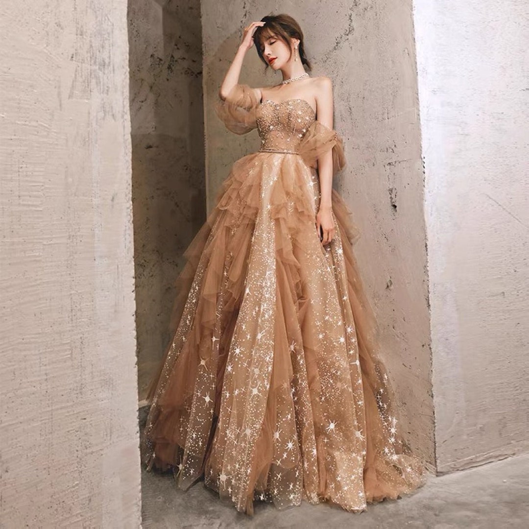 A-Line Champagne Gold Tulle Sequins Long Mother of The Bride Dresses