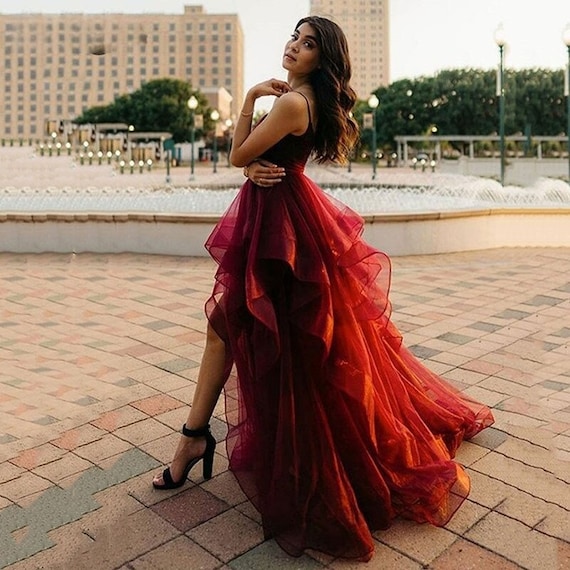 Burgundy High Low Long 2021 Prom Dresses, Fluffy Tulle Prom Dresses, Popular Evening Dresses Burgundy High Low Long 2021 Prom Dresses, Fluffy Tulle Prom Dresses, Popular Evening Dresses