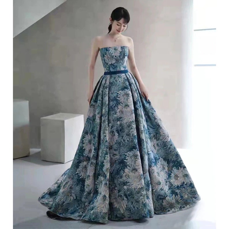 Elegant Flower Evening Dress for Women/ Blue Green Strapless Etsy