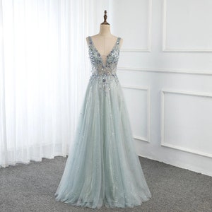 Sexy Mint Long Prom Dresses/ V Neck Tulle Sequined Beaded Backless Formal Party Gowns