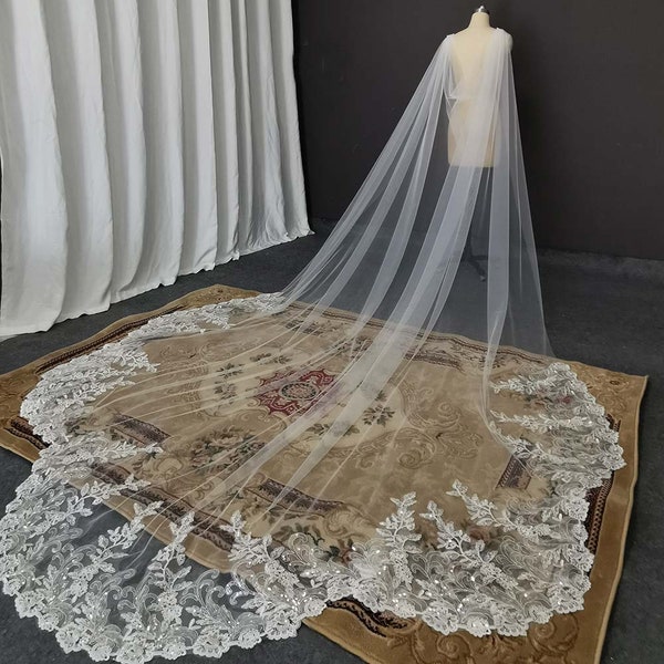 Bling Sequins Lace Long Wedding Cape Scallop/   3.5 Meters Shoulder Veil /  Bridal Bolero Wedding Accessories