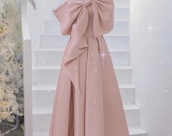 Pink Satin Celebrity Dresses/ Big Bow A-line Elegant One Shoulder
