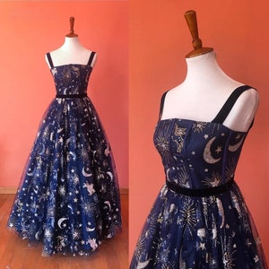 Glitter Navy Blue Constellation Tulle Maxi Prom Dresses/ Spaghetti Straps A-Line Formal Party Dresses/ Long Evening Gowns