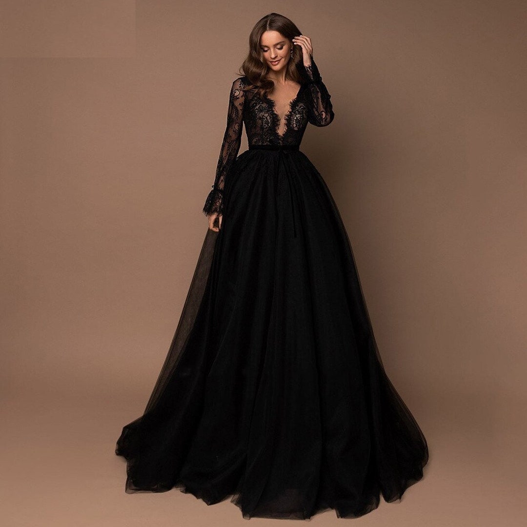 Gothic Black Long Sleeve Prom Dress/ Sexy Lace A-line Party Dress ...