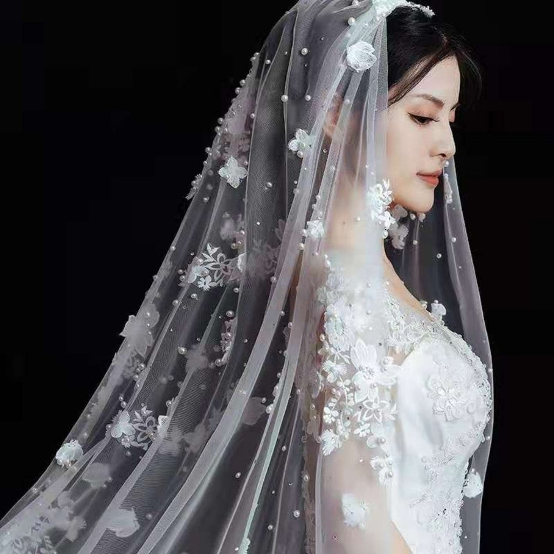 Elegant Polished Pearls Cathedral Length Bridal Veil