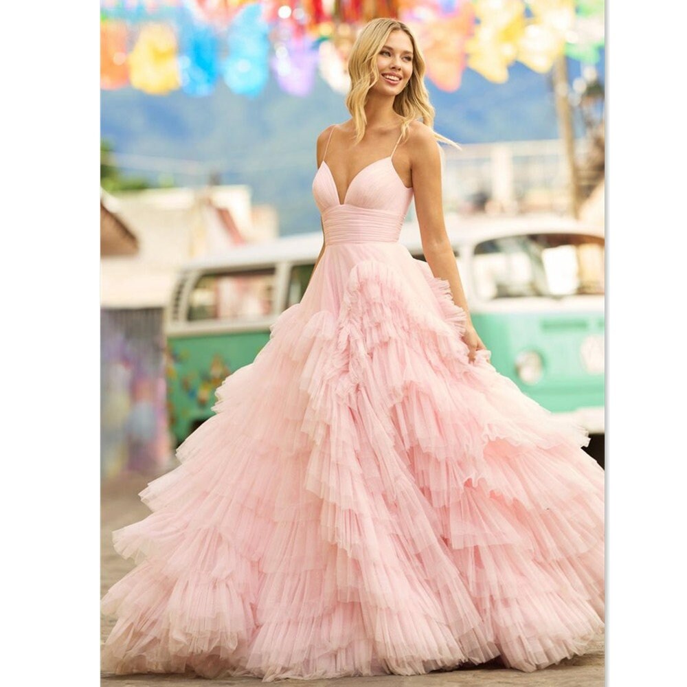 Pink Strapless Princess Tulle Layers Ruffles Long Prom Dress, Pink Formal Evening Dress US 14 / Custom Color