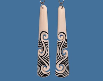 Bone Drop Earrings Moko Markings - Handmade Māori Bone Carving from New Zealand
