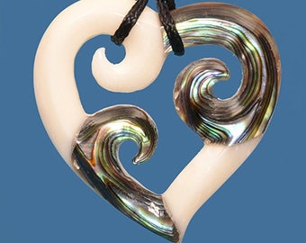 Bone Triple Koru Heart Pendant Necklace with Paua Shell Inlay - Handmade Bone Carving from New Zealand.