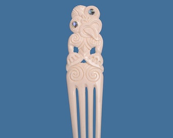 Large Tiki Heru - Handmade Māori Bone Carving with Paua Detail