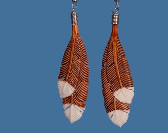 Handmade Intricately Carved Brown Huia Feather Earrings - Maori Bone Carving from New Zealand